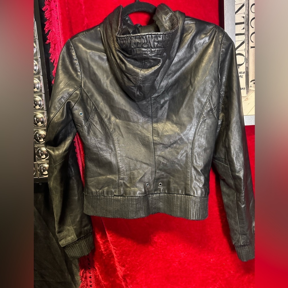 Black Leather Hooded Jacket - Picture 2 of 10